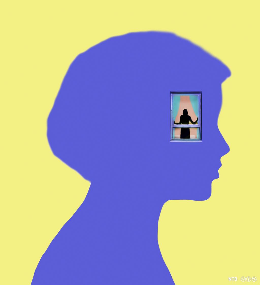 The profile of a woman in blue. In her head is a dark figure of a woman standing at a window. Illustration.  
