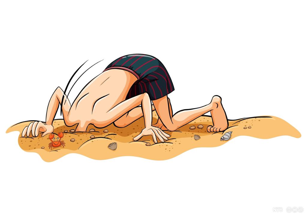 An illustration showing a boy burying his head in the sand. The rest of the body is visible. 