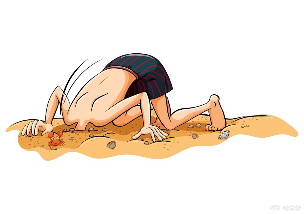 An illustration showing a boy burying his head in the sand. The rest of the body is visible.