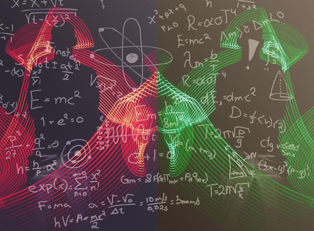 To silhuettar av menneske omkransa av raude og grøne lyslinjer med kvantefysikk-formlar skrivne over. Foto.