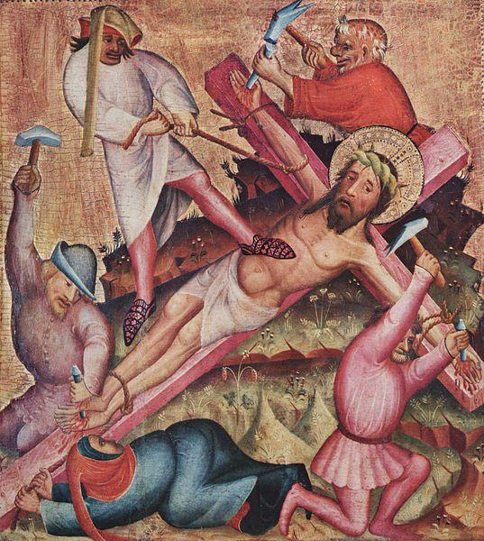 Gammelt maleri som viser hvordan mennesker festa Jesus til korset. Maleri.
