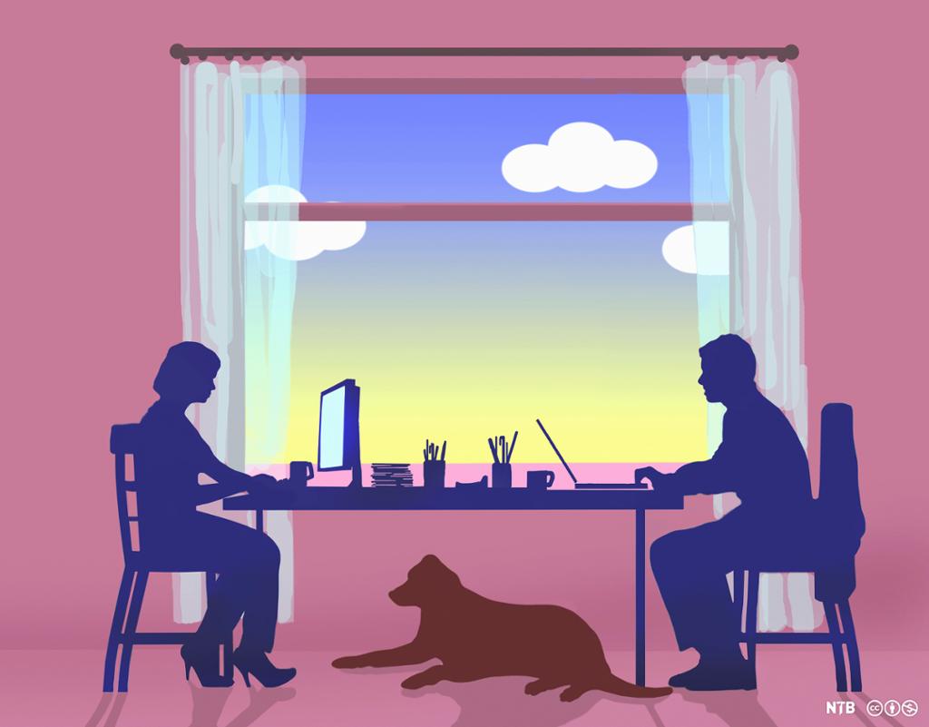 Illustration. A woman and a man are seated at a kitchen table in front of a window with curtains. They are working on computers. A dog lies under the table. 