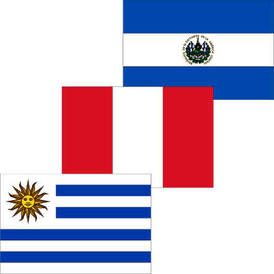 Kollasj av flaggene til El Salvador, Peru og Uruguay. Illustrasjon.