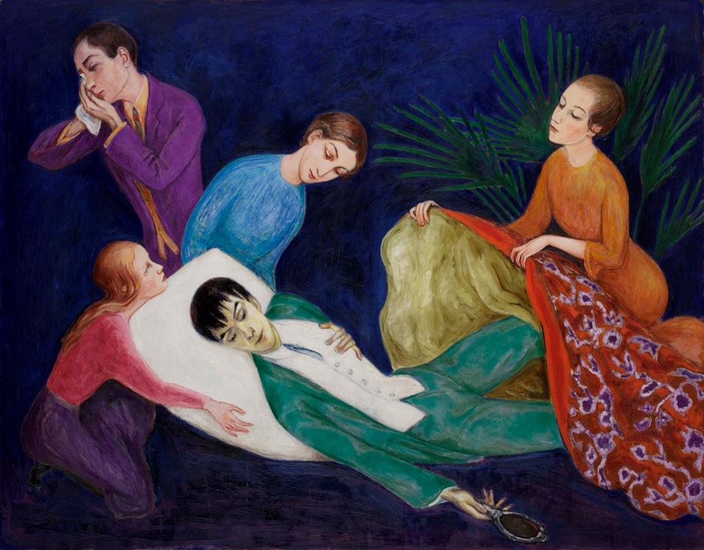 Painting: A man dressed in green is lying down. He is holding a mirror in an outstretched hand. Two women hold his pillow, while a third tucks him in. To the left a man is holding a handkerchief to his eyes. 