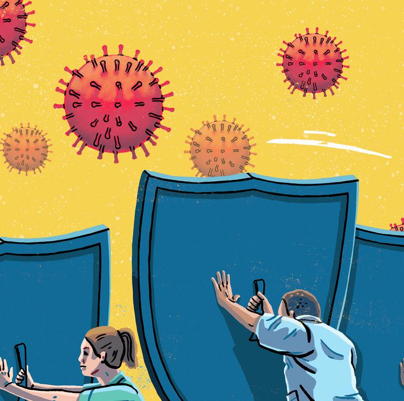 Helsearbeidere med store skjold beskytter seg mot virus som angriper. Illustrasjon.
