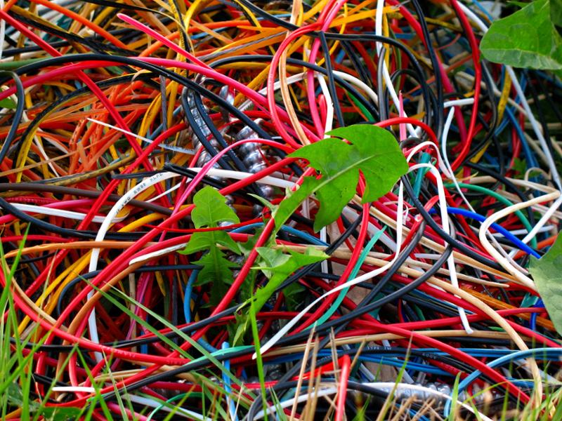 Virvar av mange ledninger i ulike farger ligger i gresset. Løvetannblader stikker opp gjennom ledningene. Foto.