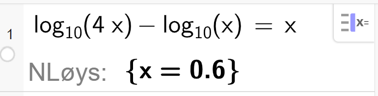 log 10 av 4x - log 10 av x er lik x. Nløys: x = 0.6. Skjermbilde