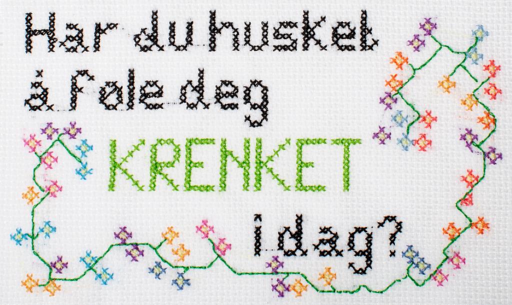 Korsstingsbroderi med blomsterbord og teksten "Har du husket å føle deg krenket i dag?". Foto.