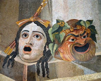 Romersk mosaikk som forestiller en tragisk og en komisk teatermaske. Foto.