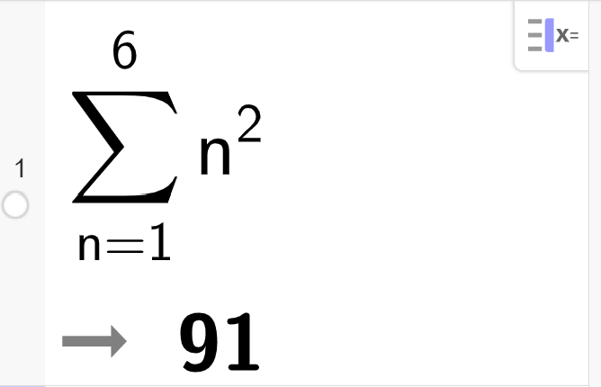 Skjermutklipp fra CAS i GeoGebra. Det står summen fra n er lik 1 til 6 av n opphøyd i andre.  Resultatet er 91.