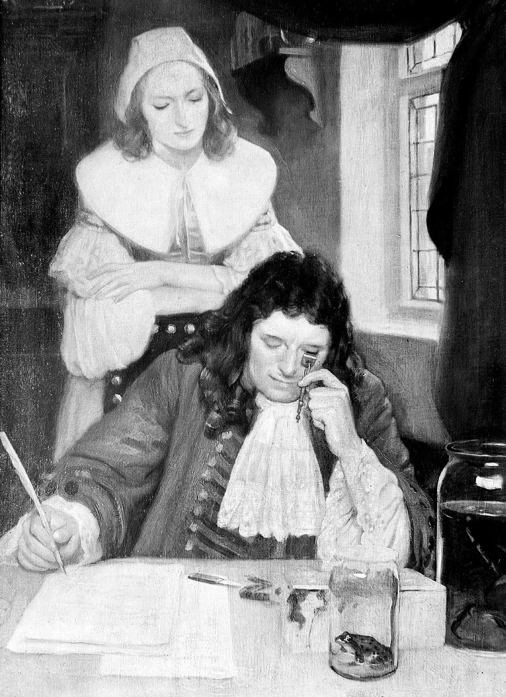 Oljemaleri av vitenskapsmannen Anton van Leeuwenhoek. Motivet er av en mann som sitter bak et skrivebord og ser gjennom et håndholdt mikroskop. Bak mannen står en kvinne som titter på arbeidet til mannen over skulderen hans. Illustrasjon.