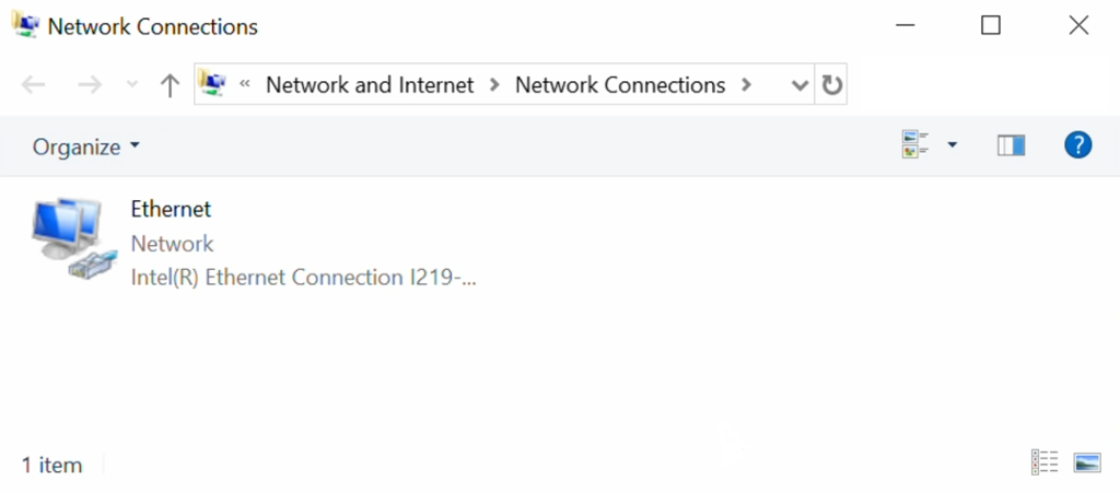 Et vindu merket Network Connections, med et synlig nettverkskort som heter «Ethernet». Skjermbilde.