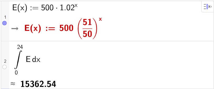 Beregning av totalt antall produserte enheter i CAS, to linjer. I linje 1 definerer vi funksjonen ved å skrive E av x kolon er lik 500 ganger 1,02 opphøyd i x. I linje 2 står det Integral parentes E komma 0 komma 24 parentes slutt. Skjermutklipp.