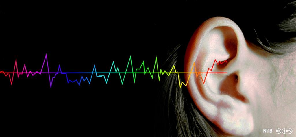 Et øre med illustrasjon av lydbølger. Foto.