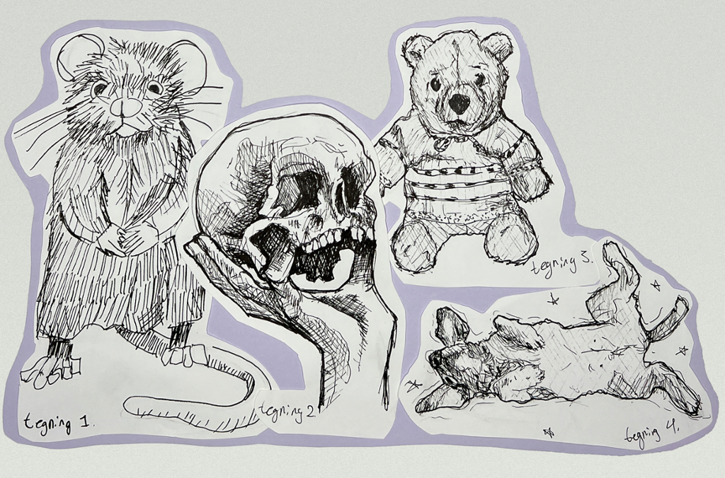 Teikningar med tusjpenn: ei rotte, ei hand med eit kranium, ein bamse og ein hund som ligg på ryggen for å få kos. Illustrasjon.