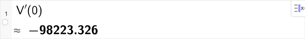 CAS-utregning med GeoGebra. På linje 1 er det skrevet V derivert av 0. Svaret med tilnærming er minus 98223,326. Skjermutklipp.
