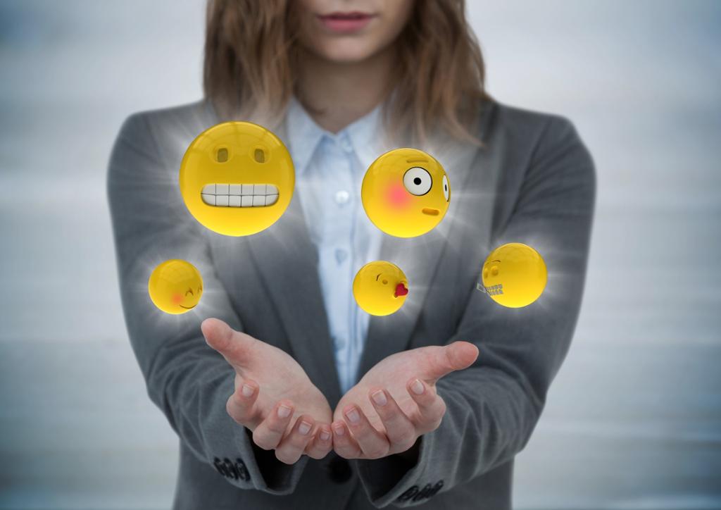 Kvinne holder ut hendene, tilsynelatende for å velge en emoji. Digitaliserte emojier svever over hendene til kvinnen og viser ulike følelser. Illustrasjon.