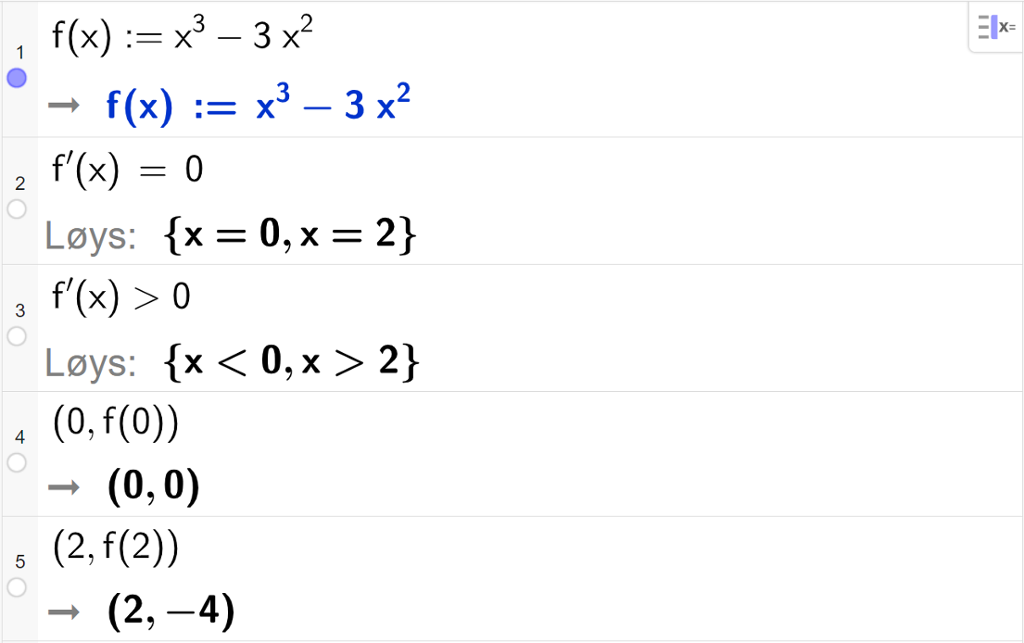CAS-utrekning med GeoGebra. På linje 1 er det skrive f av x kolon er lik x i tredje minus 3 x i andre. Svaret er det same. På linje 2 er det skrive f derivert av x er lik 0. Svaret med "Løys" er x er lik 0 eller x er lik 2. På linje 3 er det skrive f derivert av x større enn 0. Svaret med "Løys" er x mindre enn 0 eller x større enn 2. På linje 4 er det skrive parentes 0 komma, f av 0 parentes slutt. Svaret er parentes 0 komma, 0 parentes slutt. På linje 5 er det skrive parentes 2 komma, f av 2 parentes slutt. Svaret er parentes 2 komma, minus 4 parentes slutt. Skjermutklipp.