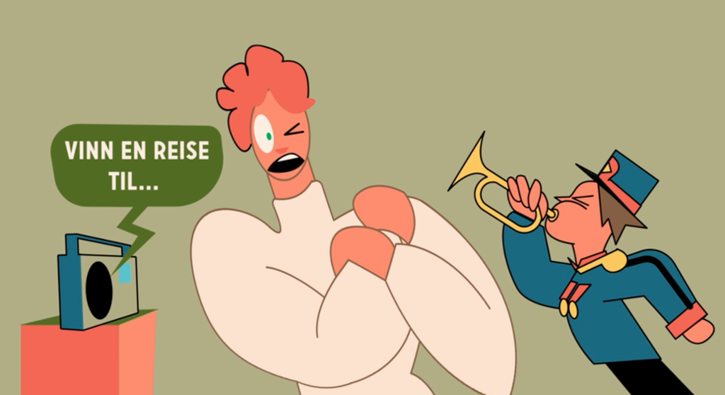 Ein trompetist blæs inn i øyret på ein person som prøver å høyre på radio. Illustrasjon.