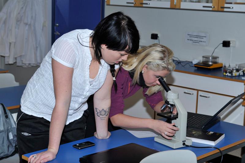 To elever bruker mikroskop til observasjoner.