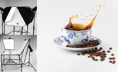 Kollasj som viser oppsett for produktfotografering med blitslys i studio. Foto.