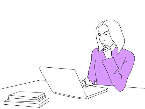 Ei kvinne ser på ein dataskjerm og tenkjer. Bak datamaskinen ligg det bøker. Illustrasjon.