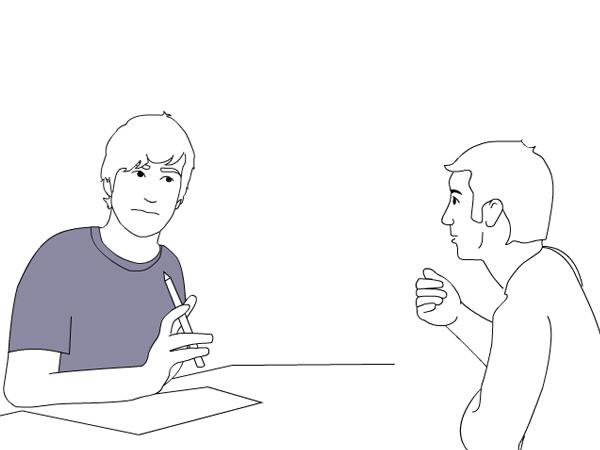 Teikning av to personar som sit og diskuterer. Ein av dei har papir og blyant. Illustrasjon.