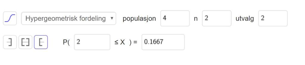 Bilde av sannsynlighetskalkulatoren i GeoGebra. Det er valgt «Hypergeometrisk fordeling» med populasjon lik 4, n lik 2 og utvalg lik 2. Svaret er gitt som P parentes 2 mindre enn eller lik X parentes slutt er lik 0,1667. 