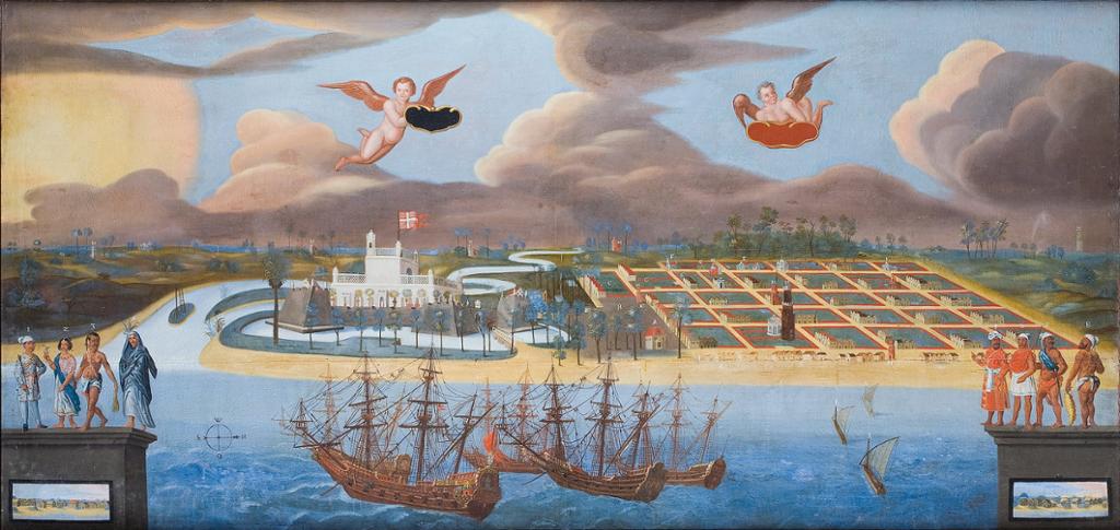 Illustrasjon som viser et fort og en bosetning ved ei havn i fugleperspektiv. Maleri.