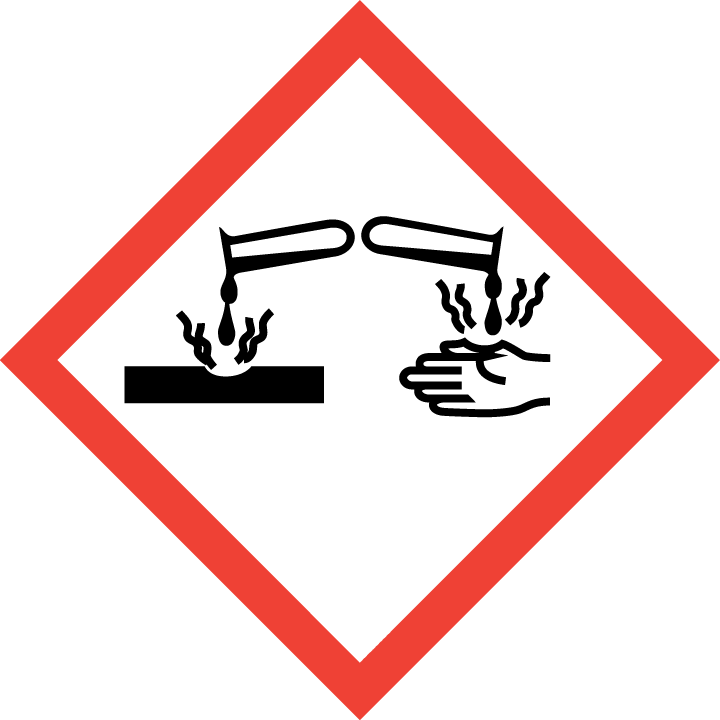 Faresymbol for etsende kjemikalier. Piktogram som viser etsende kjemikalier som renner ut av to reagensglass. Illustrasjon.