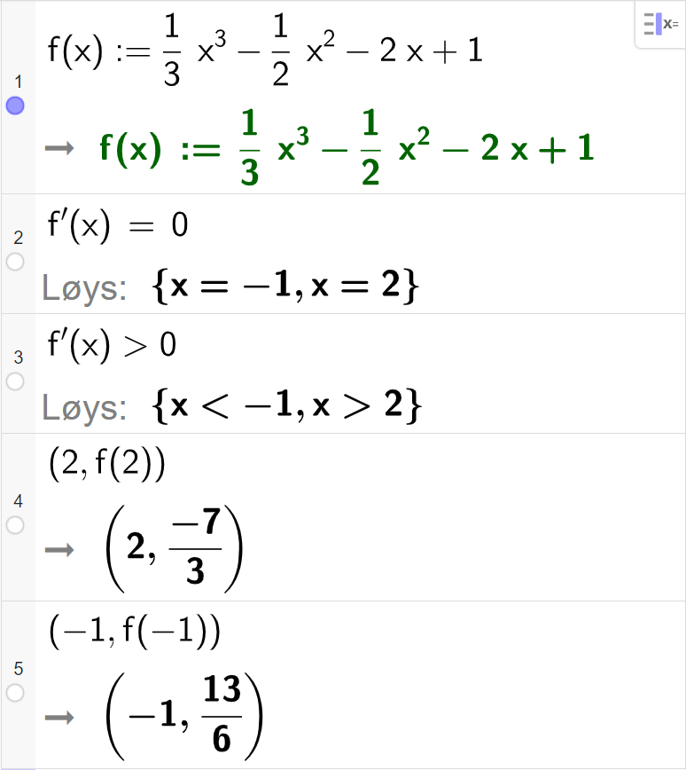 CAS-utrekning med GeoGebra. På linje 1 er det skrive f av x kolon er lik 1 tredels x i tredje minus ein halv x i andre minus 2 x pluss 1. Svaret er det same. På linje 2 er det skrive f derivert av x er lik 0. Svaret med "Løys" er x er lik minus 1 eller x er lik 2. På linje 3 er det skrive f derivert av x større enn 0. Svaret med "Løys" er x mindre enn minus 1 eller x større enn 2. På linje 4 er det skrive parentes 2 komma, f av 2 parentes slutt. Svaret er parentes 2 komma, minus 7 tredelar parentes slutt. På linje 5 er det skrive parentes minus 1 komma, f av minus 1 parentes slutt. Svaret er parentes minus 1 komma, 13 seksdelar parentes slutt. Skjermutklipp.