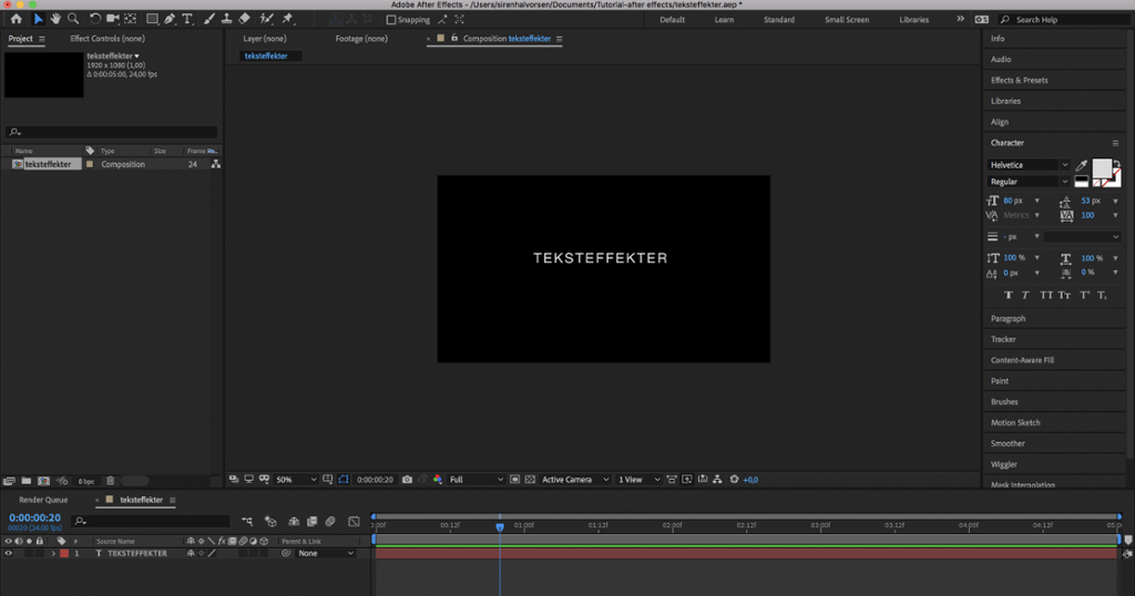 Arbeidsvindu i After Effects. En svart ramme representerer scenen. Teksten "teksteffekter" vises i hvit farge og i store bokstaver. Skjermutklipp.
