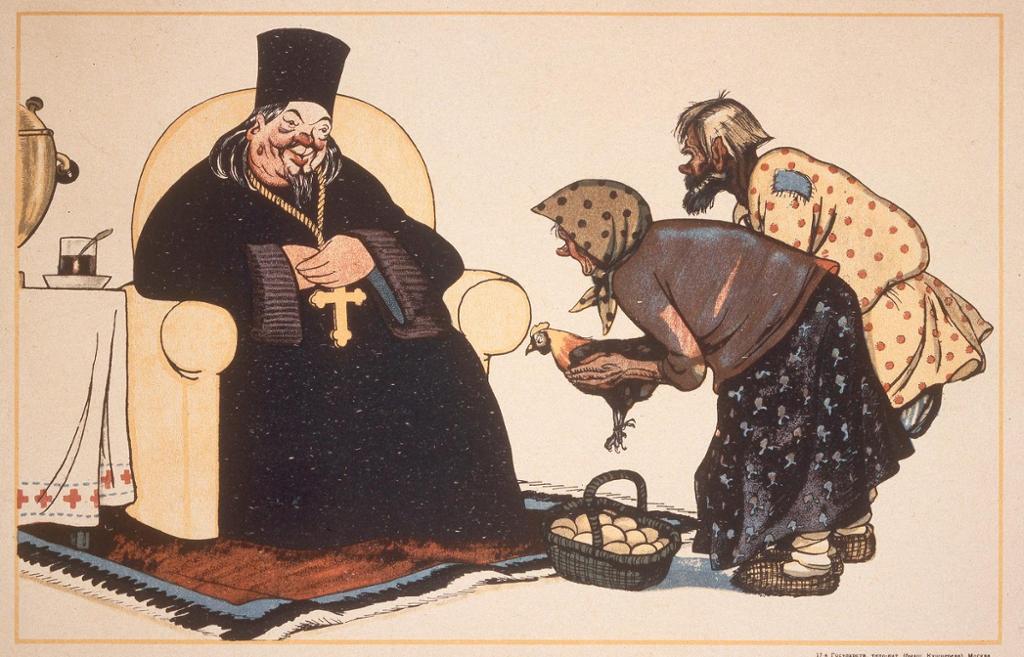 Karikaturtegning av biskop med svart kappe som mottar egg og en høne fra et fattig, gammelt par. Illustrasjon.