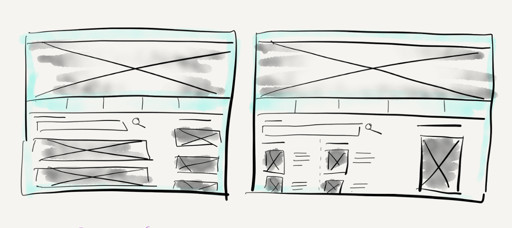 To skisser som viser ulik måter for organsiering av innhaldselement på ei nettside. Illustrasjon.