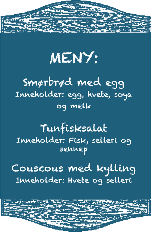 Meny på tavle med informasjon om innholdet i tre retter.foto.