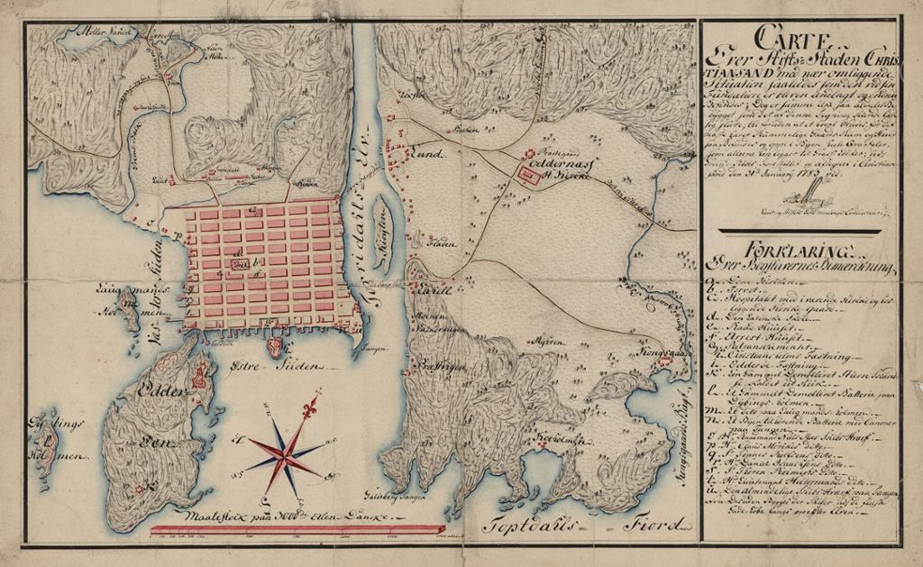 Kart som viser Kristiansand og Odderøya i 1783. Illustrasjon.