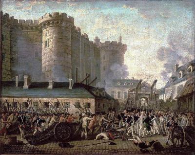 Storminen av Bastillen under den franske revolusjonen i juli 1789. Opprørere og soldater i kamp. Maleri. 