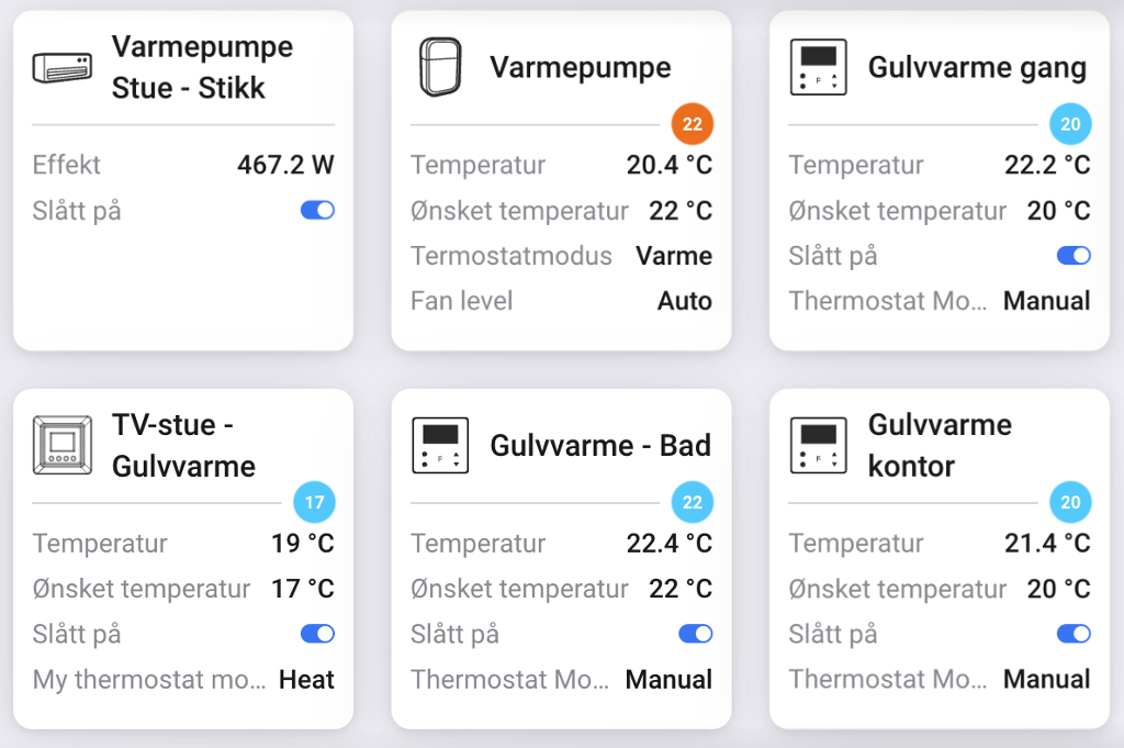 Panel med oversikt over ulike oppvarmingsenheter i et hus. Panelet viser status, temperatur og energiforbruk for varmepumpe og ulike soner med gulvvarme. Skjermbilde.