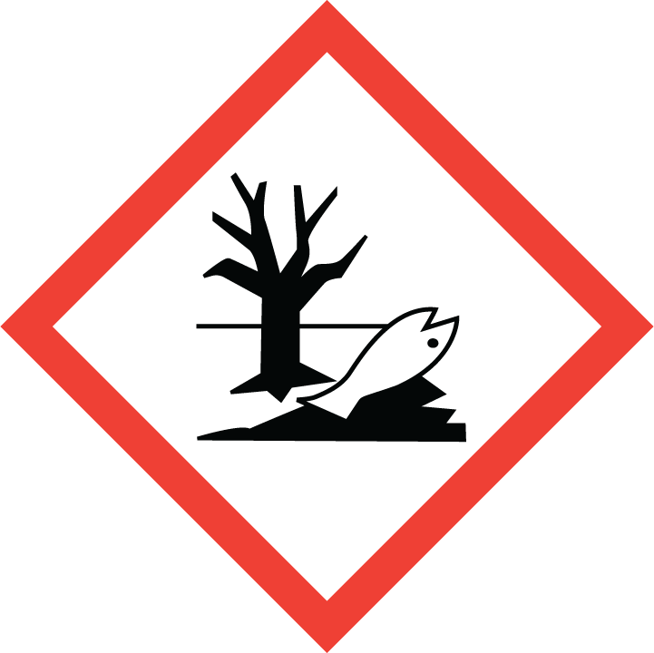 Faresymbol for kjemikalier som er giftige for vannmiljøet. Piktogrammet viser en død fisk. Illustrasjon.
