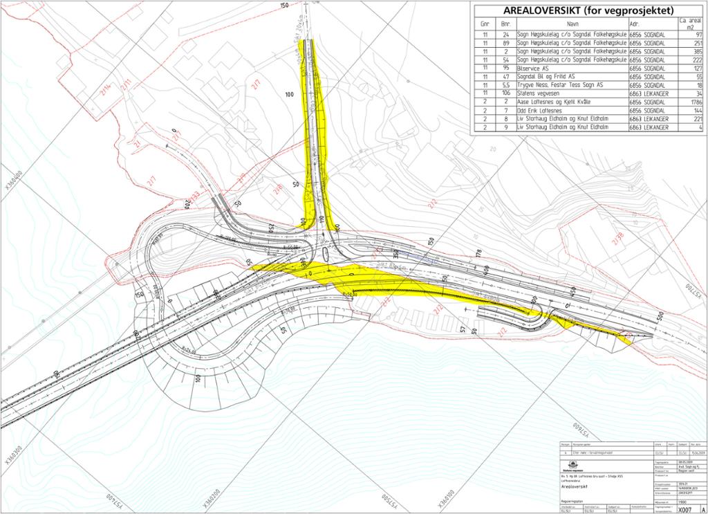 Arealoversikt for den ene enden av et bruprosjekt. Kart over prosjektet og en tabell i hjørnet som viser til gårds- og bruksnummer som er berørt, med navn på eiere, adresse og areal. Illustrasjon.