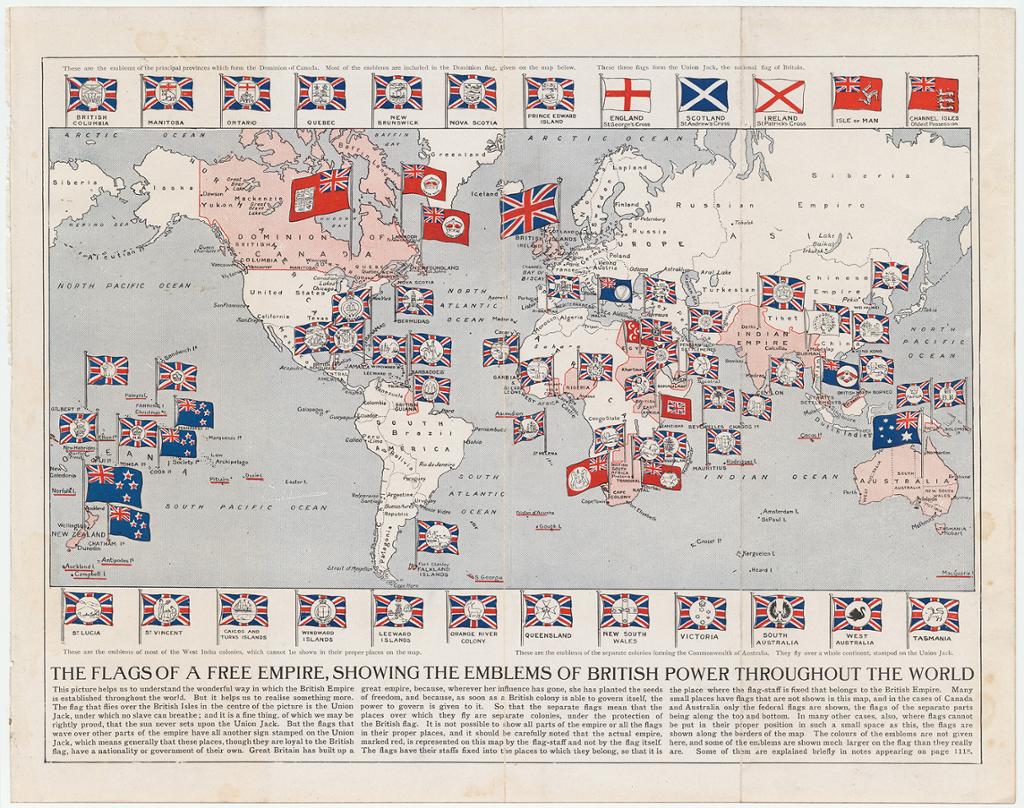 Verdenskart som viser det britiske imperiets utstrekning i 1910. Flagg med forskjellige emblem er plassert i landene britene hadde kontroll over. Kart.