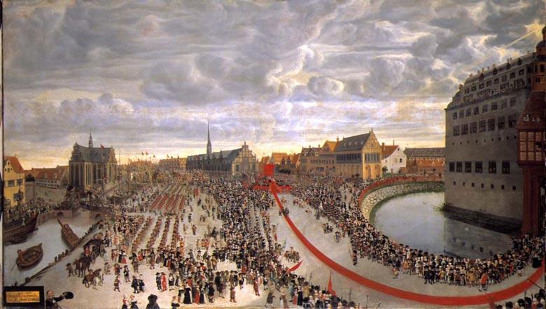 Fredrik 3. blir hyllet som arvekonge i København i oktober 1660. Bildet viser en stor folkemengde, en lang rød løper og mange store bygg. Maleri. 
