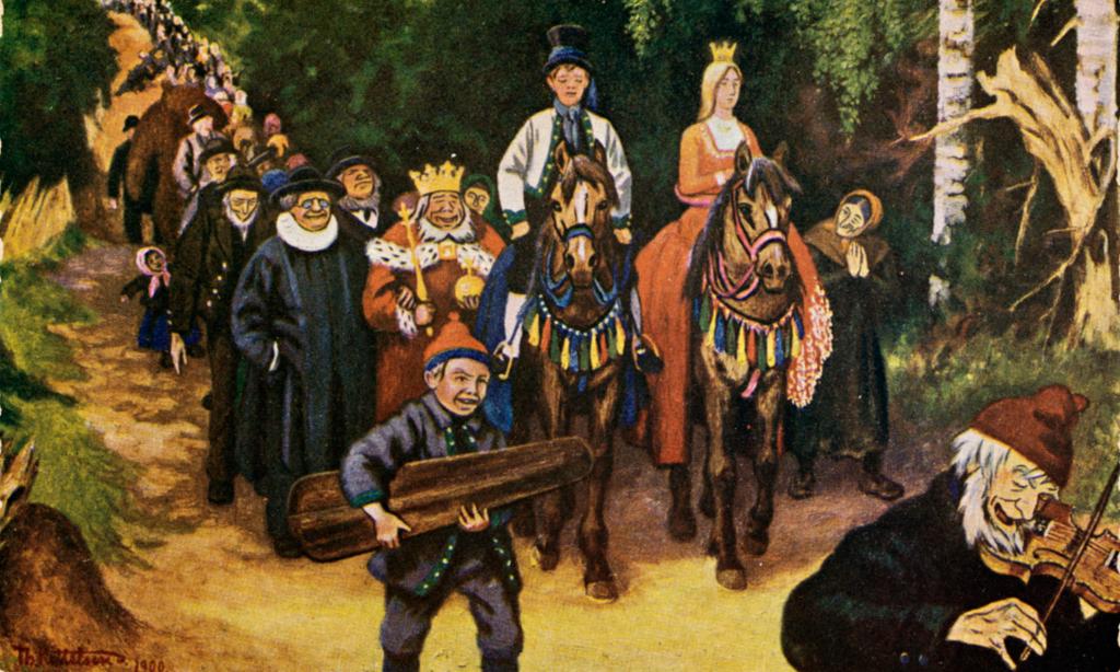 Askeladden har fått prinsessa og halve kongeriket, illustrert av Theodor Kittelsen. Maleri. 