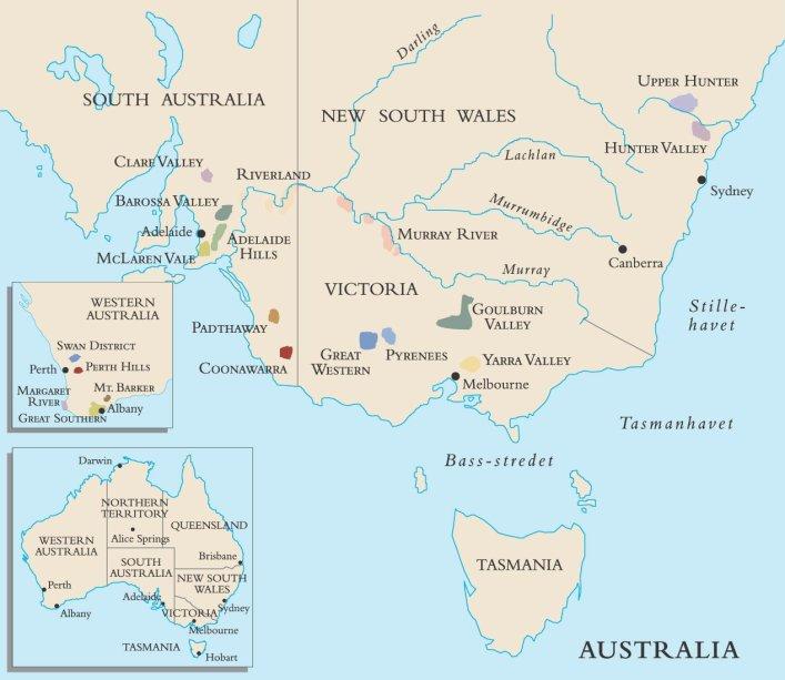 Kart over vindistriktene i Australia. Illustrasjon.