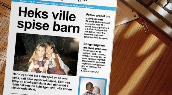 Overskriften "Heks ville spise barn" på ei avis. Foto.
