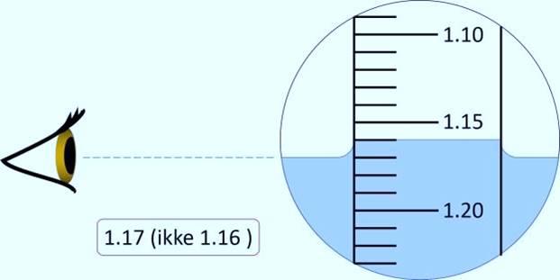 Eit auge ser på eit hydrometer. I eit forstørra utsnitt kan vi sjå at væska når nivået 1.17 omkring røyret, men går opp til 1.16 heilt inntil røyret. Ei stipla linje viser at auget les av 1.17, ikkje 1.16. Illustrasjon.