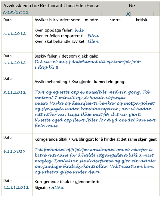 Eit utsnitt av eit avviksskjema. Illustrasjon.
