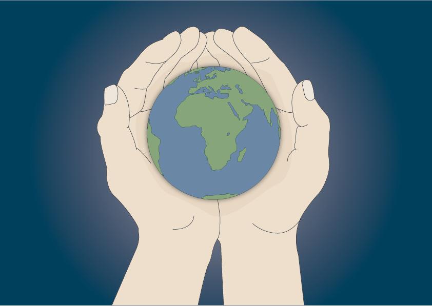 Illustrasjon av to hender som holder planeten jorda.