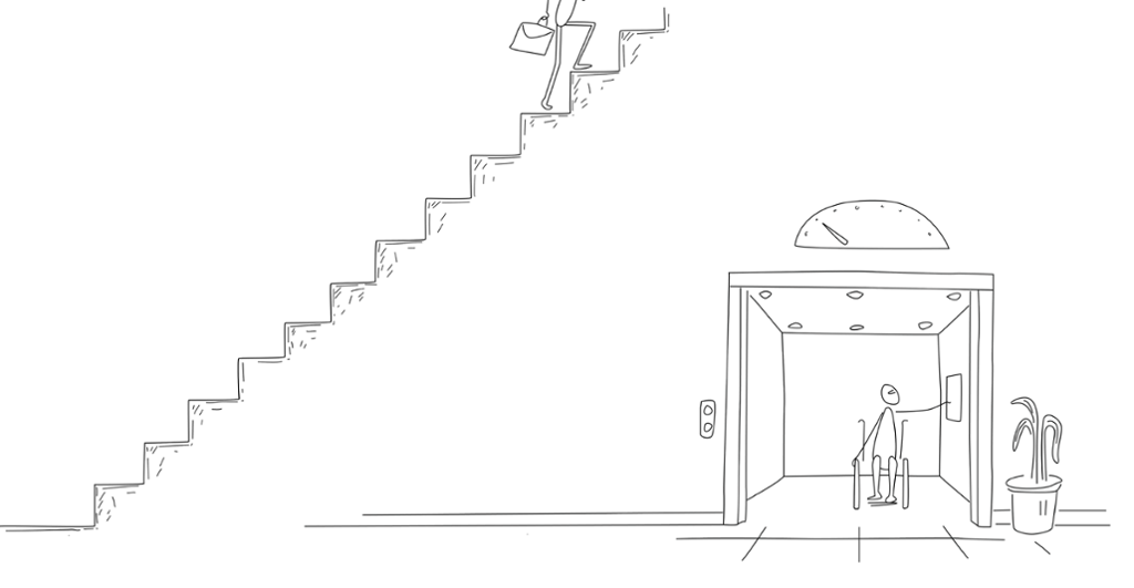 En person går opp en trapp, og en person i rullestol tar heisen opp. Illustrasjon. 