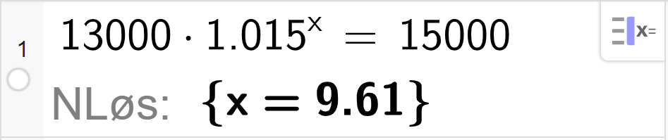 CAS-løsning med GeoGebra. På linje 1 er det skrevet inn 13000 multiplisert med 1,015 opphøyd i x er lik 15000. Svaret med N Løs er x er lik 9,61. Skjermutklipp.